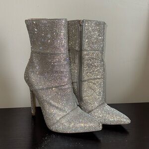 Steve Madden Silver Rhinestone Pointed Toe Stiletto Ankle Boots